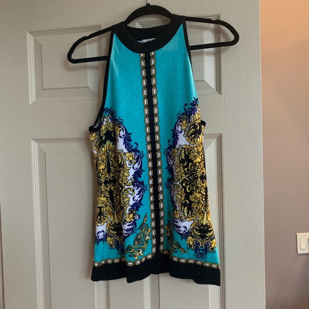 Cache Green/Black Print  Sleeveless Sweater sz M